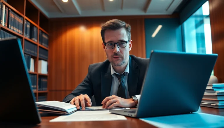 Engaged intellectual property lawyer in a modern office surrounded by legal texts and technology.
