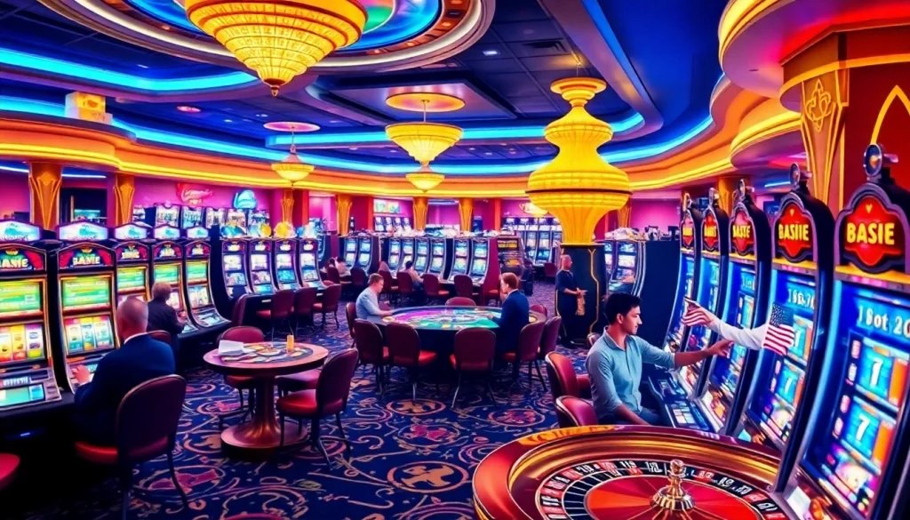 Para pemain merayakan kemenangan di mesin Slot Depo 1000 dalam suasana kasino yang hidup.