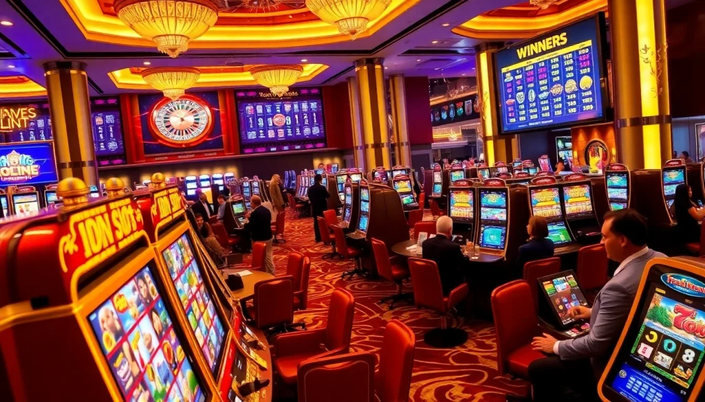 Players enjoying the excitement of the idnslot experience on colorful slot machines in a luxurious casino.
