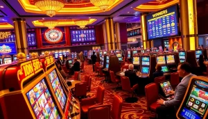 Players enjoying the excitement of the idnslot experience on colorful slot machines in a luxurious casino.