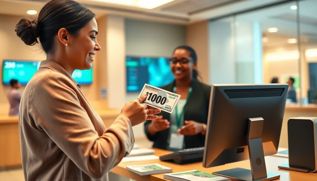 Menyimpan deposit 1k di bank dengan teller yang ramah dan profesional.