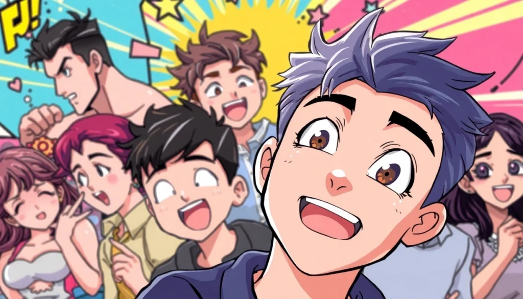 다양한 장르의 무료웹툰 캐릭터들이 활기차게 이야기하는 모습