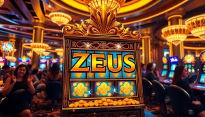 Para pemain menikmati putaran mesin slot Zeus, dikelilingi suasana kasino yang semarak dan kemenangan yang mendebarkan.