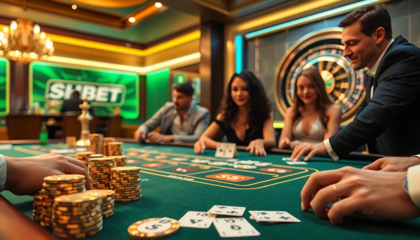 Experience the thrill of SHBET casino gaming with players engaged at a luxurious poker table.