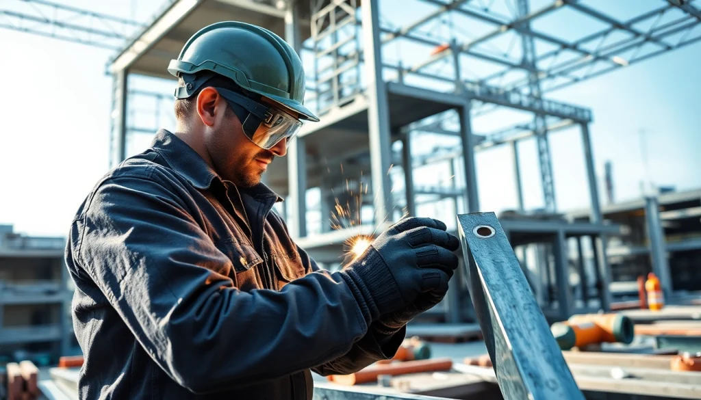 Welding in structural steel construction showcasing skilled workers and steel beams.