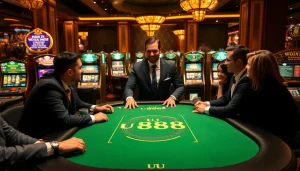 Players engaging at U 888 poker table in a vibrant casino setting with exciting slot machines.