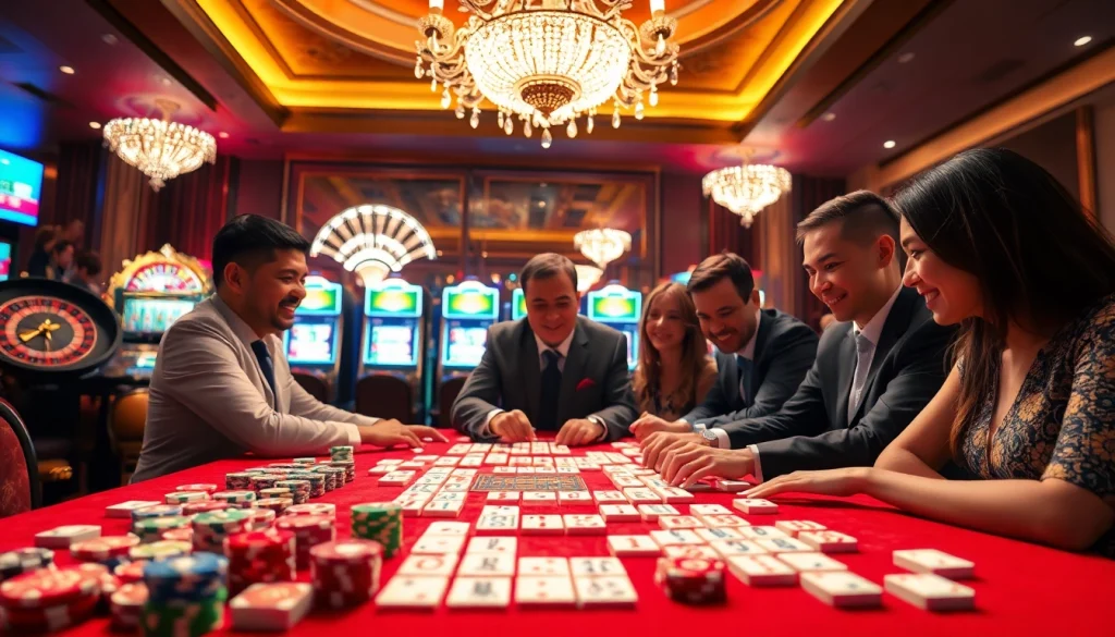Engaging scene of players enjoying link mahjong in a luxurious casino setting filled with vibrant tiles and gaming excitement.