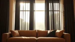 Verduisterende gordijnen in elegante woonkamer bieden optimale privacy en comfort.
