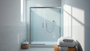 Duschkabine 100x100 in eleganter Badezimmerumgebung mit beruhigenden Farben und sanfter Beleuchtung.