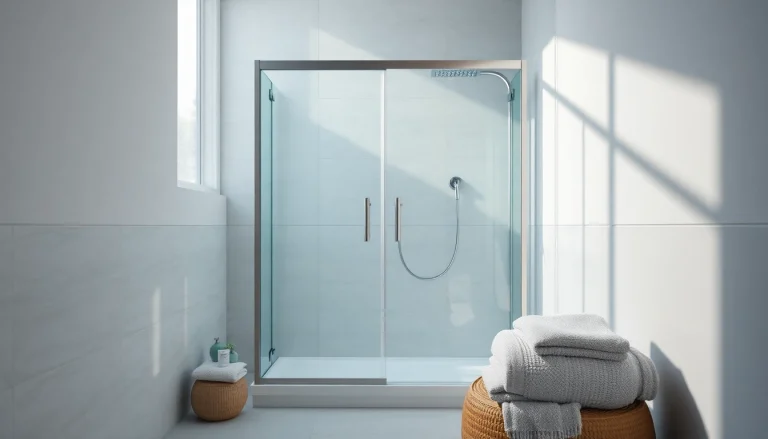 Duschkabine 100x100 in eleganter Badezimmerumgebung mit beruhigenden Farben und sanfter Beleuchtung.