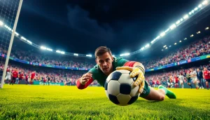 ติดตามผลบอลภาษาไทย ขณะที่ผู้รักษาประตูทำการเซฟบอลในสนามฟุตบอลที่มีแฟนๆ ตื่นเต้น