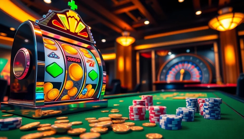 Engage in thrilling gameplay at a slot depo pulsa, featuring colorful slot machines and exciting casino ambiance.