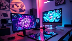 Futuristic digital art studio showcasing AI NSFW image generator in action