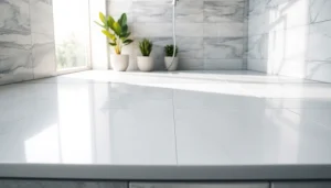 Showcasing a sleek shower base in a bright, modern bathroom setting with stylish fixtures.