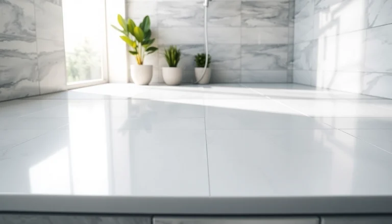 Showcasing a sleek shower base in a bright, modern bathroom setting with stylish fixtures.