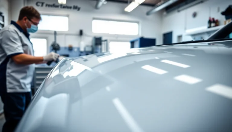 Applying ceramic coating near me with expert precision in a modern garage setting.