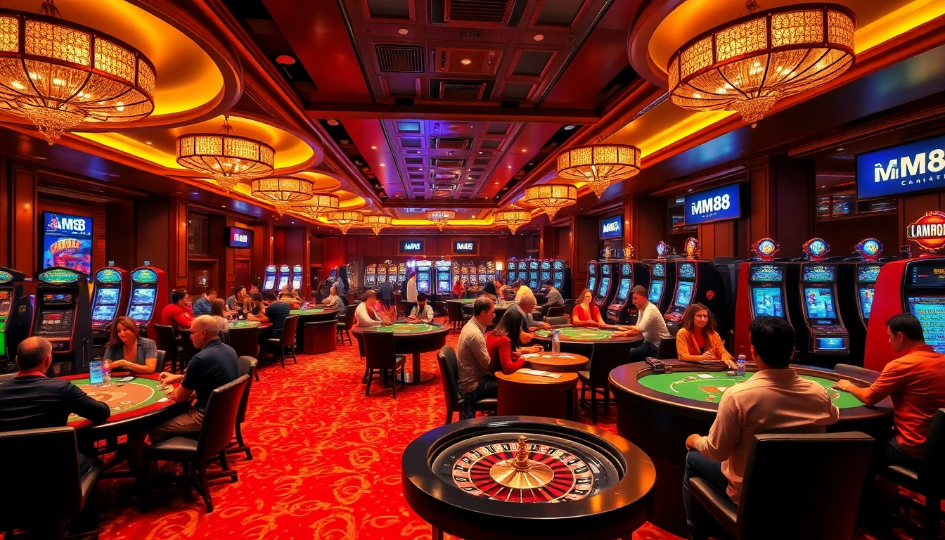 Experience the thrill of high-stakes gambling at MM88 with vibrant casino visuals.