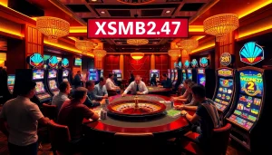 XSMB247 players enjoying an exciting, high-stakes poker game in a luxurious casino atmosphere.