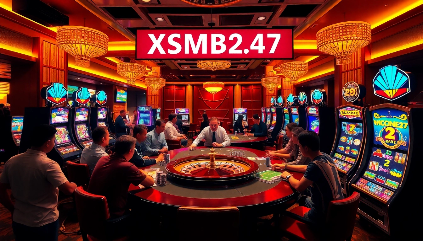XSMB247 players enjoying an exciting, high-stakes poker game in a luxurious casino atmosphere.