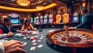 Players strategizing around a stylish poker table at a casino with sc88 themes, featuring vibrant chips and cards