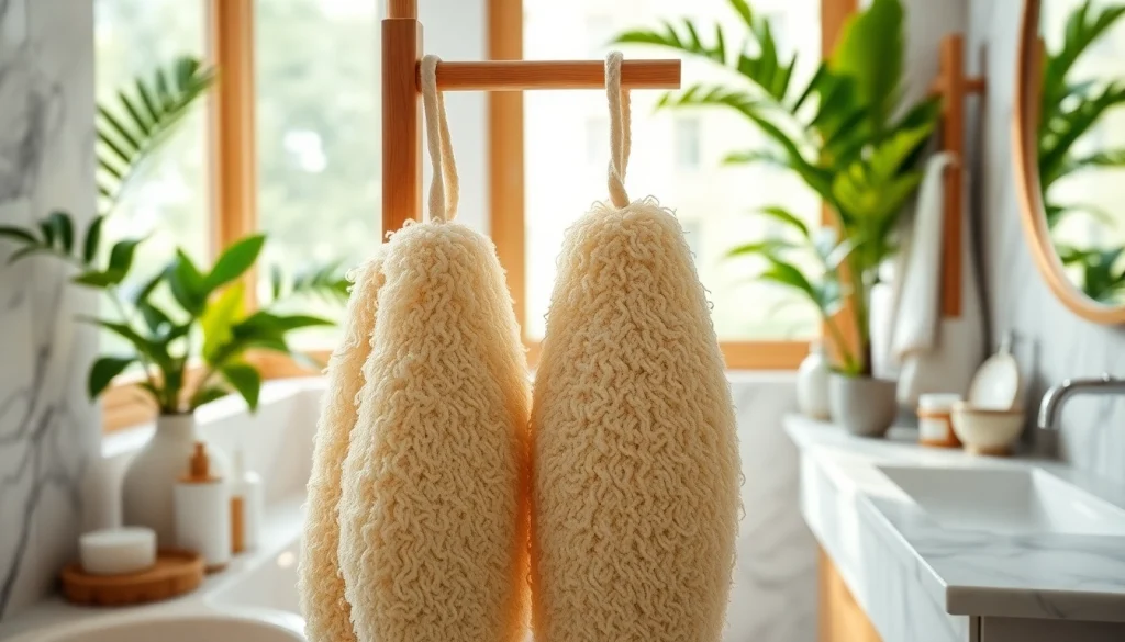 Using the best back loofah for an invigorating skin cleanse in a serene bathroom.