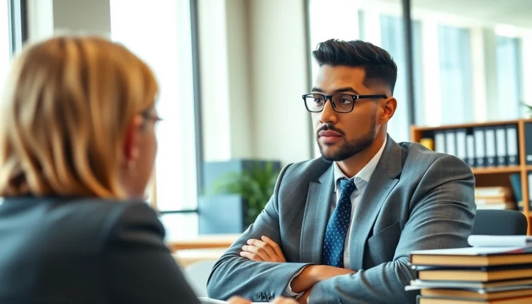 Miami-Dade County litigation Lawyer consulting with a client in a modern office environment.