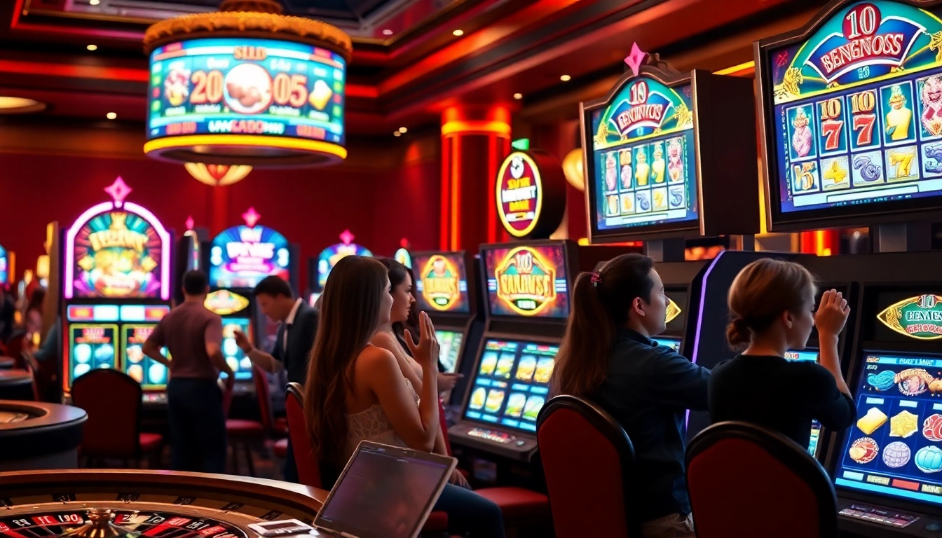 Para pemain yang terlibat menikmati aksi slot Depo Pulsa di kasino yang berwarna-warni penuh kegembiraan.