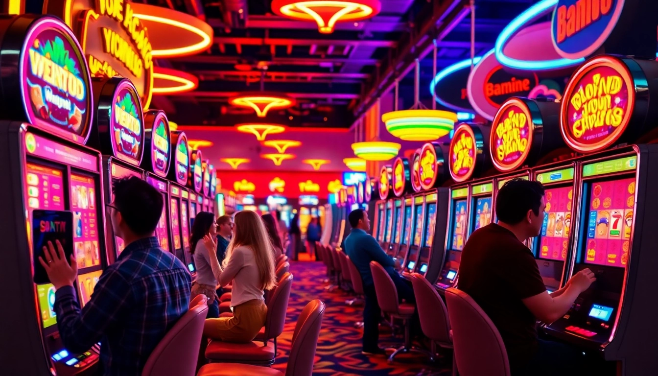 Menangkan slot deposit 1000 di kasino dengan mesin slot berwarna terang dan pemain yang bersenang-senang.