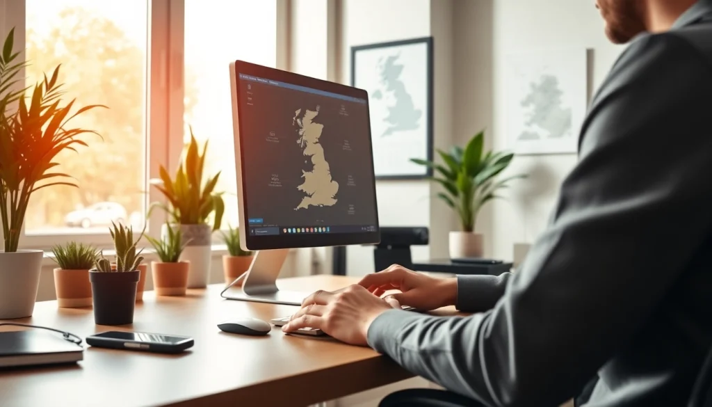 Completing the eta application uk in a professional office setting with a modern aesthetic.