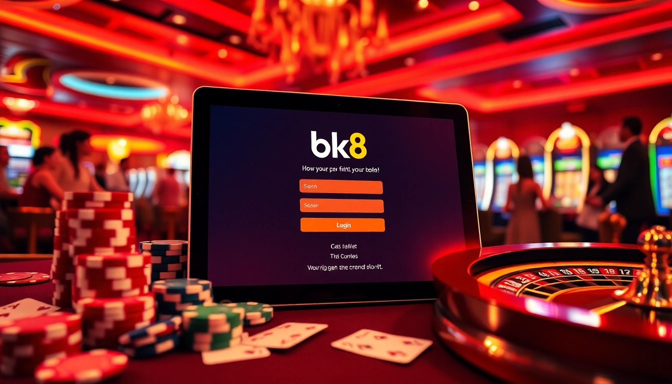 Players engaging with the bk8 login interface in an upscale casino setting filled with gaming excitement.