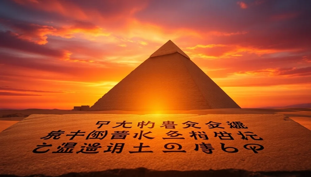 Pyraminds imagery showcasing the Great Pyramid of Giza amidst a vibrant sunset.