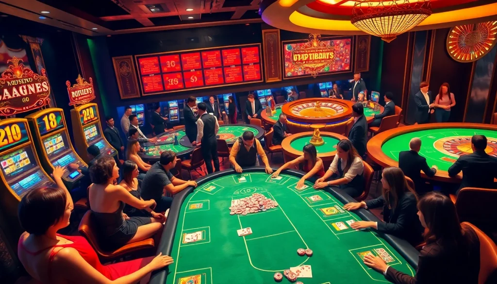 KJC-themed casino gambling scene featuring elegant tables, slot machines, and joyous players celebrating wins.