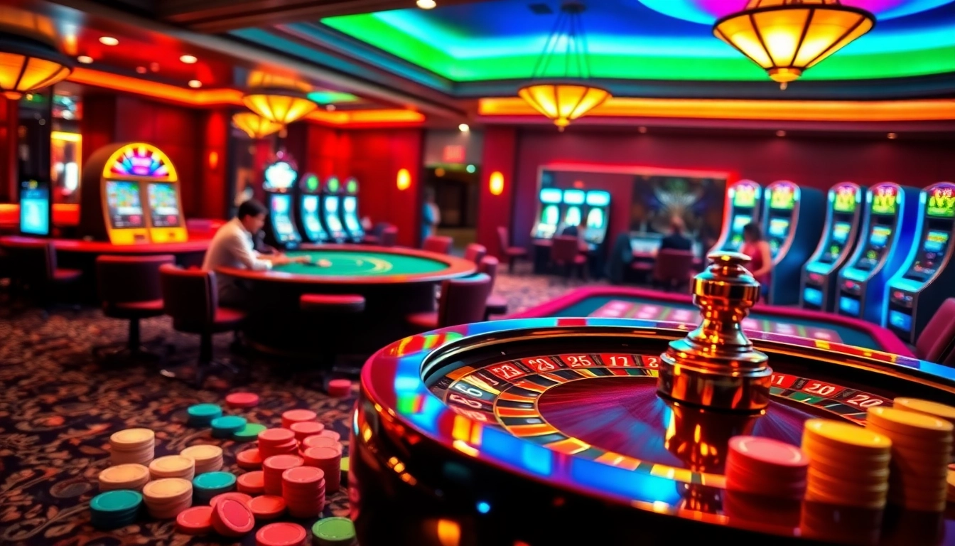 Antarmuka taruhan Togel Sumo di tengah suasana kasino yang meriah dengan permainan roulette dan poker.