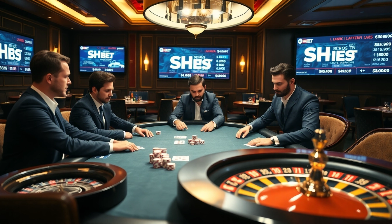 SHBET players strategizing at a high-stakes poker table in a luxurious casino setting.