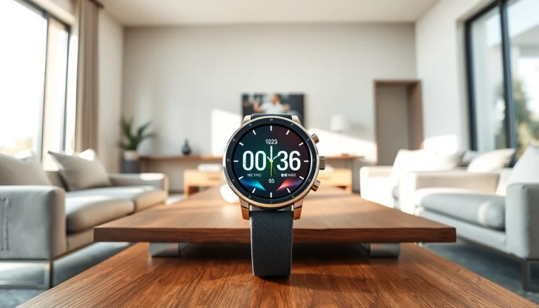 Showcasing a stylish Pulse Smart Watch highlighting its features in a modern living room