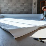 Vapor Barrier Installation in progress, showing installation over a concrete floor for moisture protection.