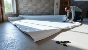 Vapor Barrier Installation in progress, showing installation over a concrete floor for moisture protection.