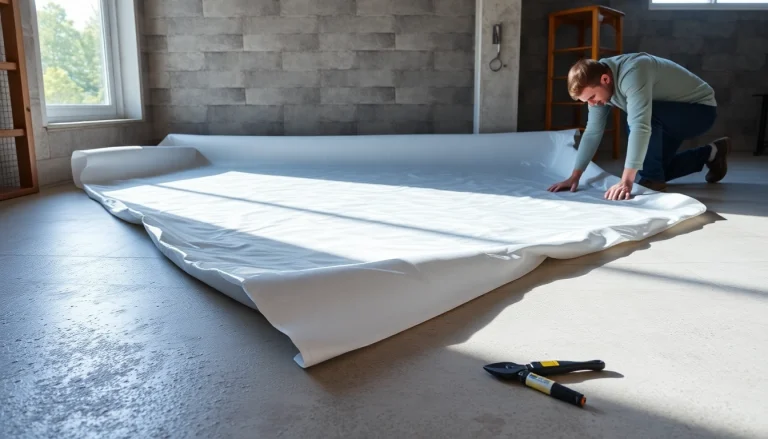 Vapor Barrier Installation in progress, showing installation over a concrete floor for moisture protection.