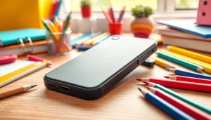 Stylish Handytasche Schule placed on a desk, surrounded by school supplies.