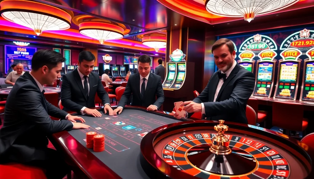 Experience the excitement of MM88 with vibrant casino visuals showcasing gambling action.