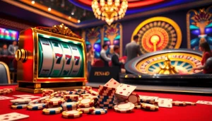 Experience the thrill of winning at Pen4d's exciting slot machine in a glamorous casino.
