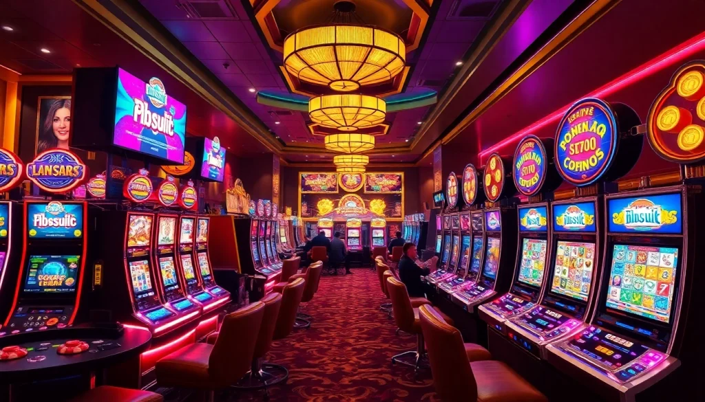 Players enjoying thrilling slots at idnslot with vibrant lights and exciting atmosphere.