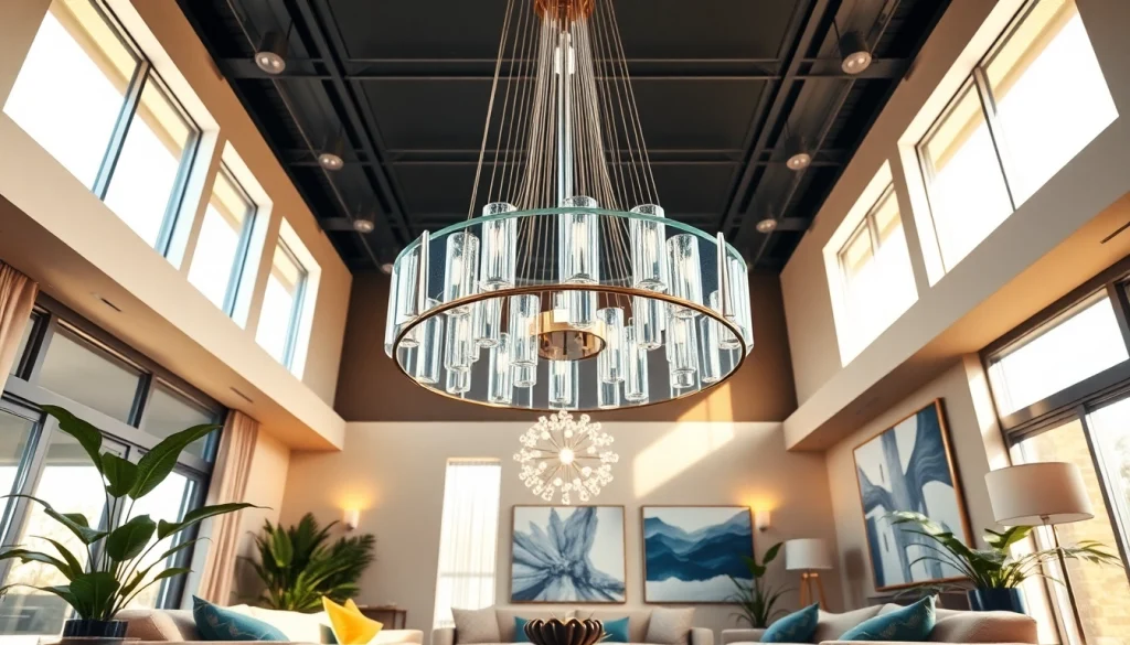 Shop ModernLighting with a striking chandelier in a stylish living room setting.