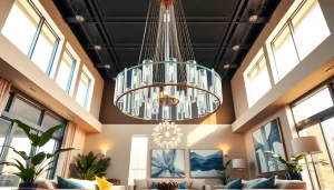 Shop ModernLighting with a striking chandelier in a stylish living room setting.