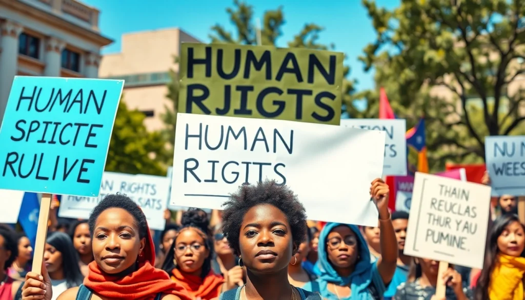 People advocating for Human Rights in a vibrant public square, showcasing diversity and unity.