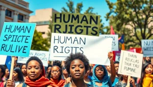 People advocating for Human Rights in a vibrant public square, showcasing diversity and unity.