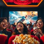 ดูหนังออนไลน์ พร้อมกลุ่มเพื่อนในโรงภาพยนตร์ที่มีความสุขกับป็อปคอร์น