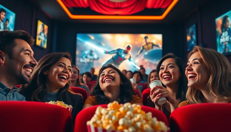 ดูหนังออนไลน์ พร้อมกลุ่มเพื่อนในโรงภาพยนตร์ที่มีความสุขกับป็อปคอร์น