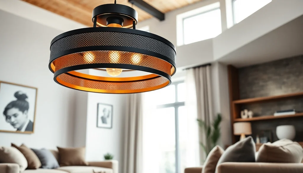 Showcase a stunning black and gold light fixture enhancing a contemporary living room.