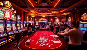 Gamblers experiencing high-stakes thrill at RR99 with vibrant casino tables and slot machines.